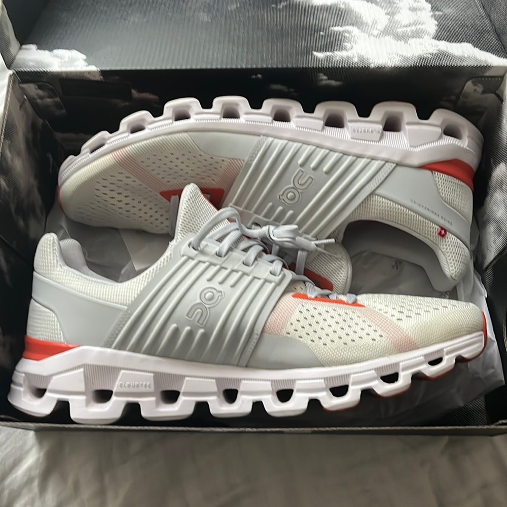 Mens 12.5 On-Running Cloudswift Shoes. White with orange accent. Never worn.